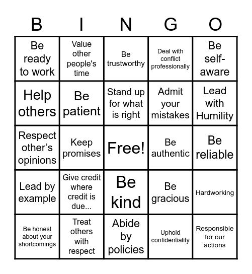 Integrity Bingo Card
