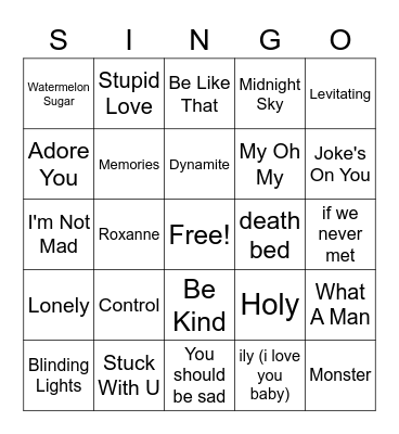 SINGO!! Bingo Card