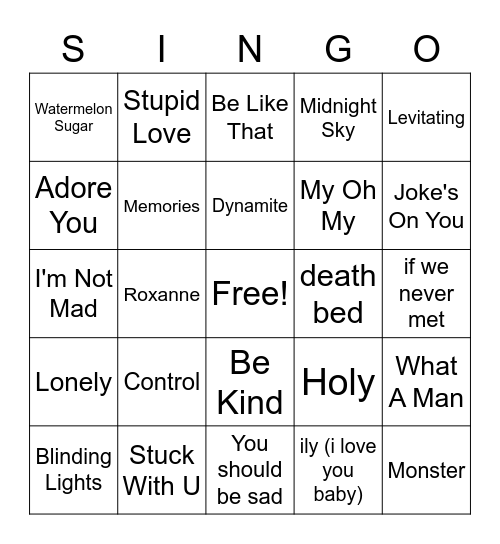 SINGO!! Bingo Card