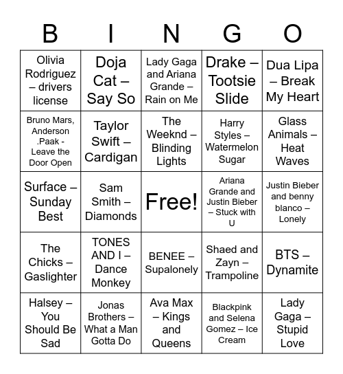 Pop Songs from the '20s Bingo Card