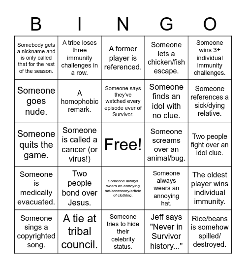 Survivor Bingo Card