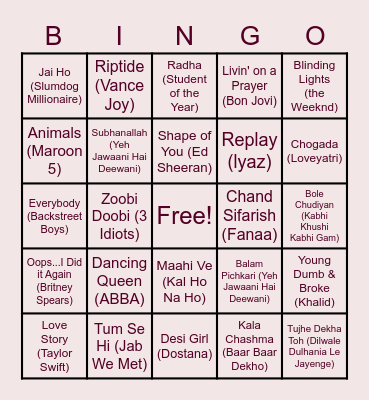 Bollywood & English Songs Bingo Card