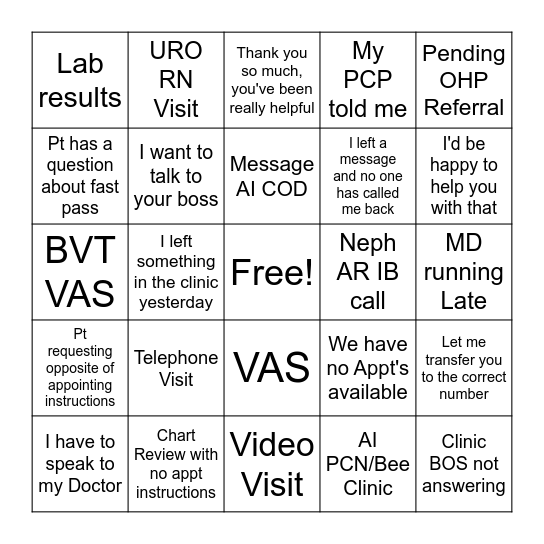 Med-Sub Bingo Card
