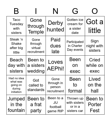 JU/AEPhi Bingo Card