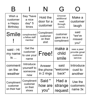 Customer Service Bingo Card