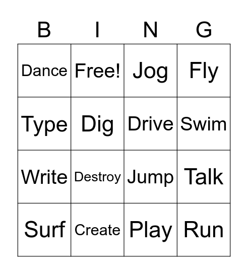 Verbs Bingo Card