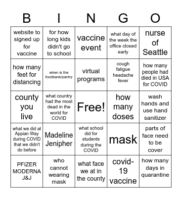 COVID-19 Bingo Card