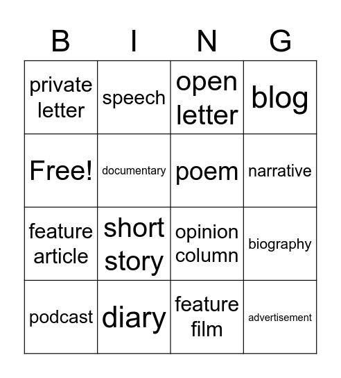 Different Text Types Bingo Card