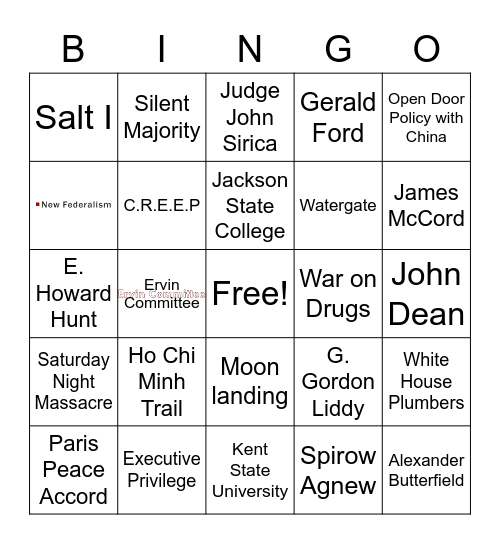 The 70s and Watergate Bingo Card
