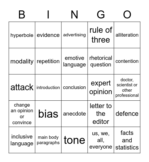 Persuasive Language Techniques Bingo Card