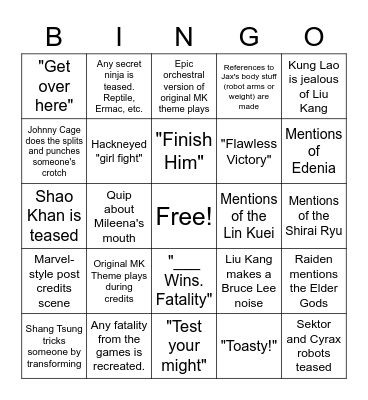 New Mortal Kombat Movie Bingo Card