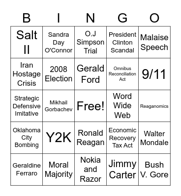 Reagan, Carter, 90s and the 2000s Bingo Card