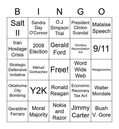 Reagan, Carter, 90s and the 2000s Bingo Card