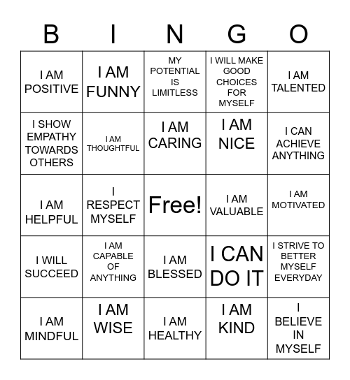 Affirmation Bingo Card