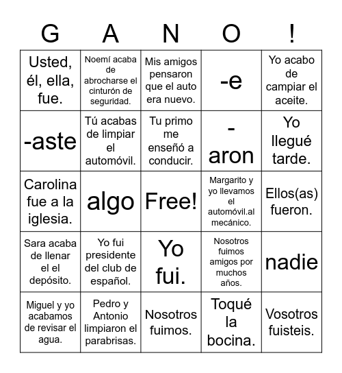 Spanish 2 Chapter 5 Lesson 1 Bingo Card