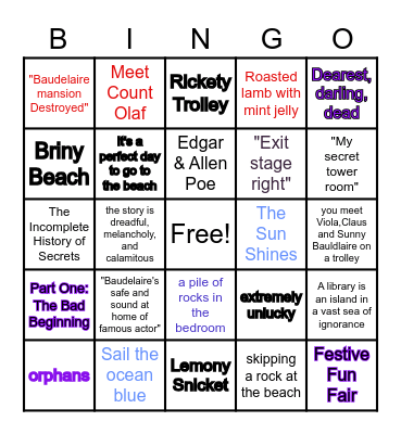 The Series of Unfortunate Events Bingo Card