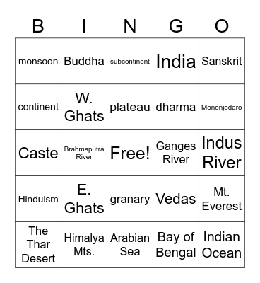 India Bingo Card