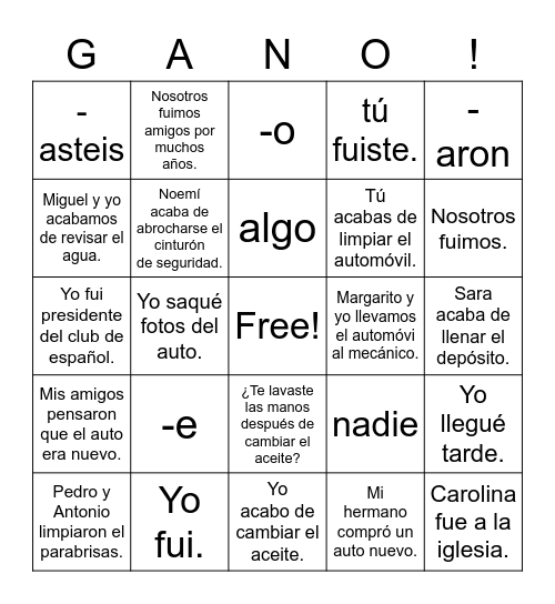 Spanish 2 - Chapter 5 Lesson 1 Bingo Card
