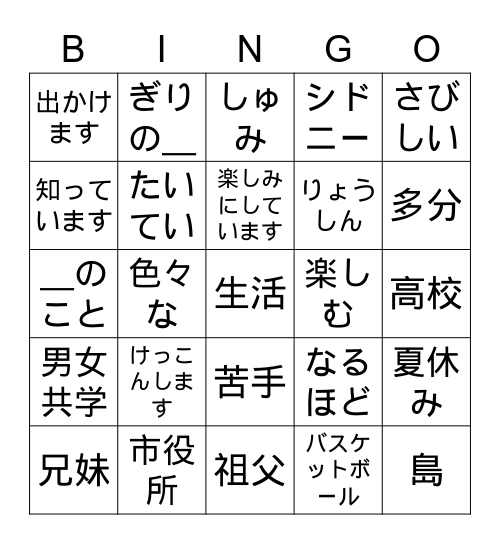 Wakatta! Unit 1 Myself, my family Bingo Card