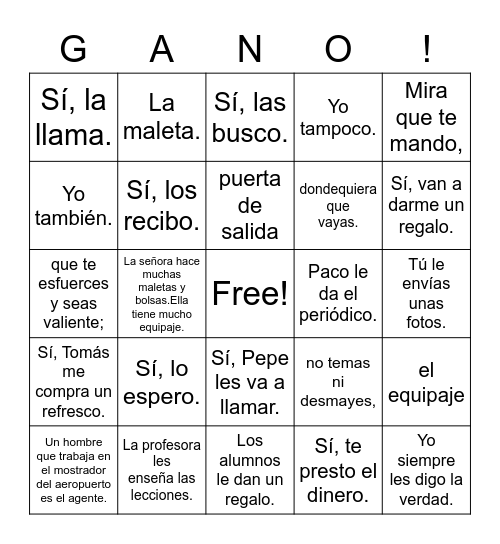 Spanish 1 Lesson 17 Bingo Card