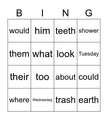 Sight Words & Digraphs -CLC Bingo Card