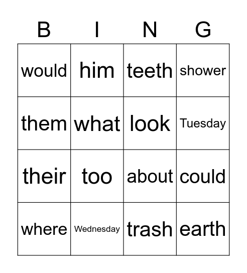 Sight Words & Digraphs -CLC Bingo Card