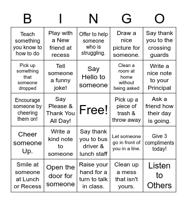 Random Act of Kindness Bingo Card