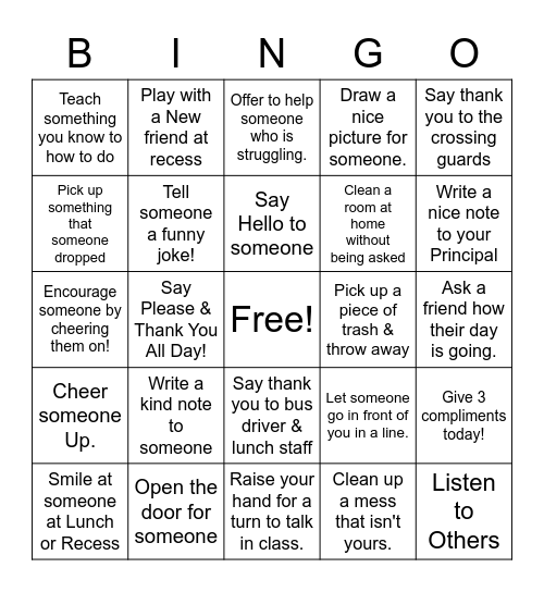 Random Act of Kindness Bingo Card