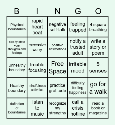 Mental Health BINGO Card