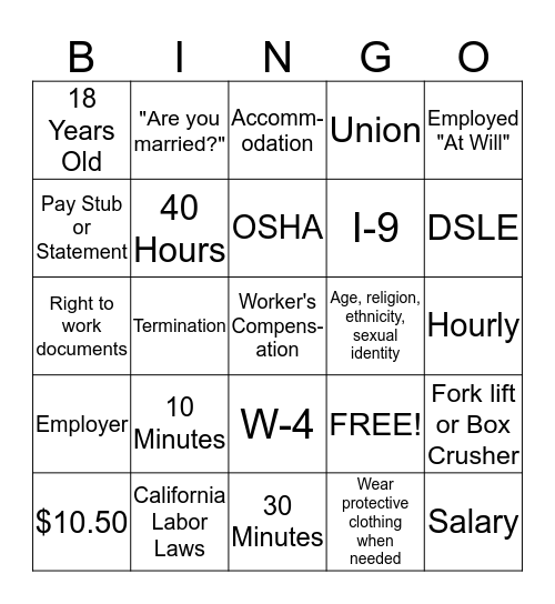 Workplace Rights! Bingo Card