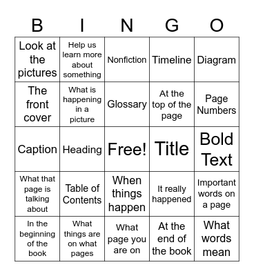 Nonfiction Text Feature Bingo Card