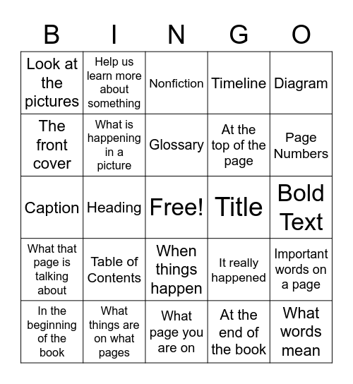 Nonfiction Text Feature Bingo Card