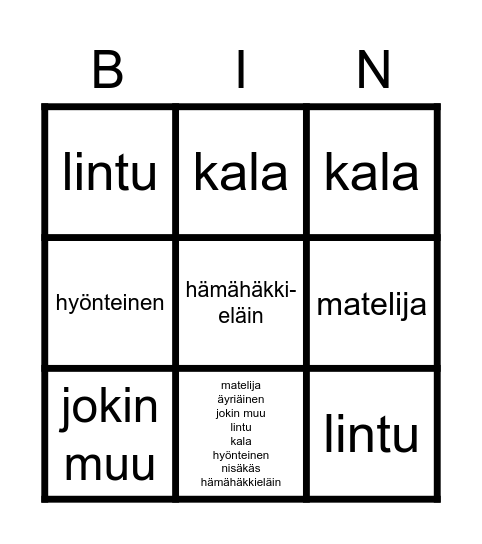 Eläinten luokittelu Bingo Card