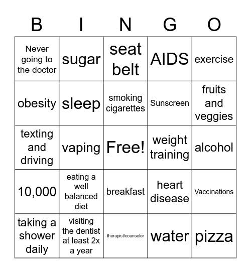 Health enhancing behaviors and avoiding health risks Bingo Card