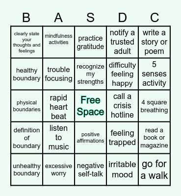 Mental Health BINGO Card