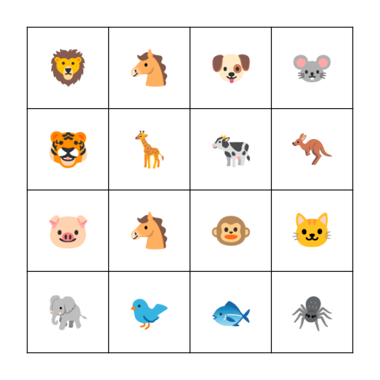 Animals Bingo Card