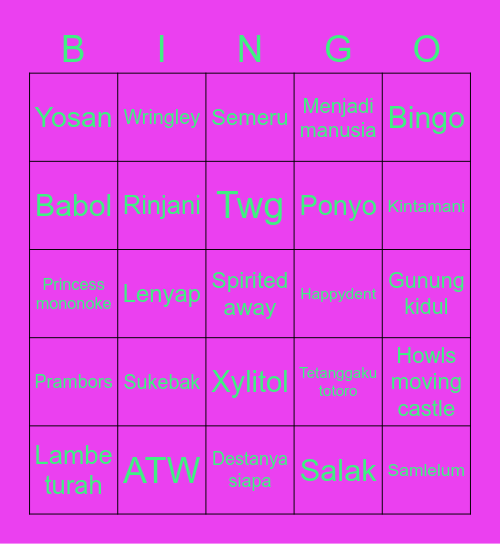 Song mino gnteng Bingo Card