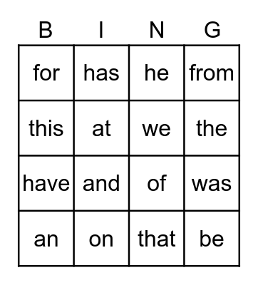 Sight Words Bingo Card