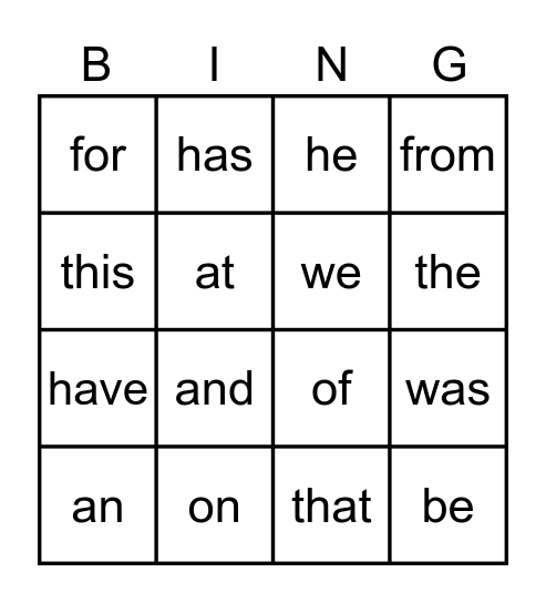 Sight Words Bingo Card