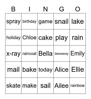 a-e / ai / ay Bingo Card