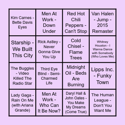 Prince Music Bingo #1 Bingo Card