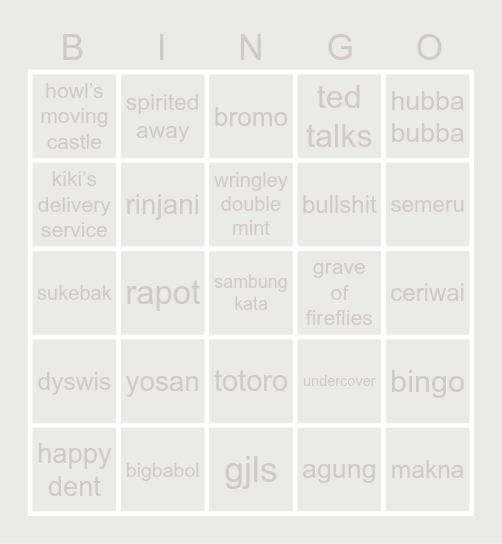my name for today: crystal Bingo Card
