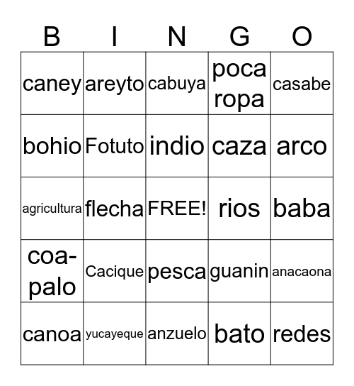 Bingo Taino Bingo Card
