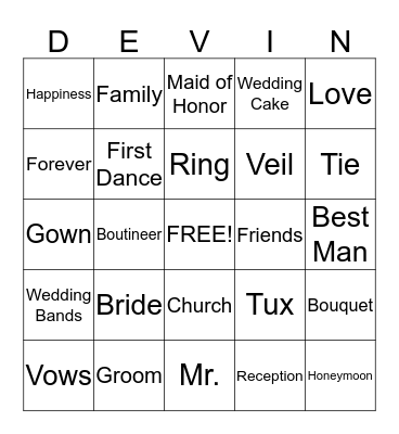 Bridal Bingo Card