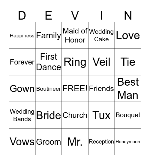 Bridal Bingo Card