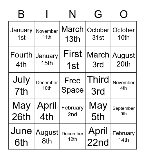 Months & Dates Bingo Card