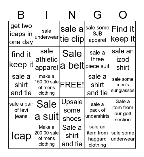 Men's Wardrobe Sale Bingo Card