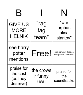 shadow and bone Bingo Card