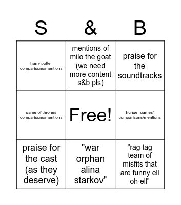 SHADOW AND BONE REVIEW BINGO Card