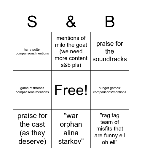 SHADOW AND BONE REVIEW BINGO Card